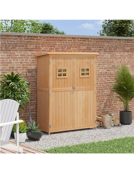 Outsunny Wooden Garden Shed with Two Windows, Tool Storage Cabinet, Outdoor Double Door Organizer 127.5L x 50W x 164H cm, Natura