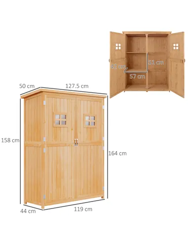 Outsunny Wooden Garden Shed with Two Windows, Tool Storage Cabinet, Outdoor Double Door Organizer 127.5L x 50W x 164H cm, Natura