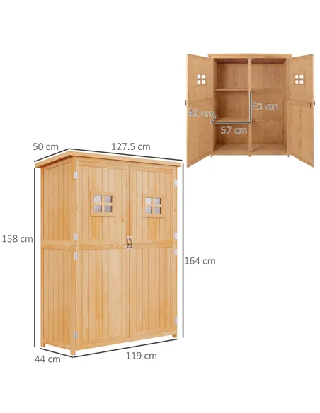 Outsunny Wooden Garden Shed with Two Windows, Tool Storage Cabinet, Outdoor Double Door Organizer 127.5L x 50W x 164H cm, Natura