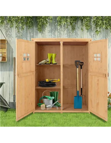 Outsunny Wooden Garden Shed with Two Windows, Tool Storage Cabinet, Outdoor Double Door Organizer 127.5L x 50W x 164H cm, Natura
