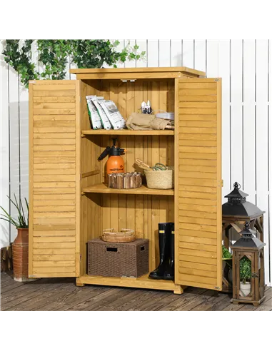 Outsunny Wooden Garden Storage Shed, Compact Utility Sentry Unit, 3-Tier Shelves Tool Cabinet Organizer with Asphalt Roof and Sh
