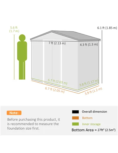 Outsunny 7ft x 4ft Lockable Garden Metal Storage Shed Storage Roofed Tool Metal Shed w/ Air Vents Steel Grey
