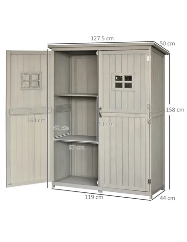 Outsunny Wooden Garden Shed with Two Windows, Tool Storage Cabinet, Outdoor Double Door Organizer 127.5L x 50W x 164H cm, Grey
