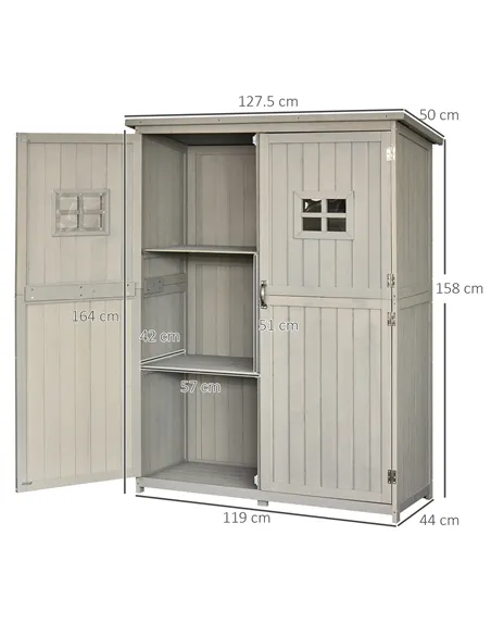 Outsunny Wooden Garden Shed with Two Windows, Tool Storage Cabinet, Outdoor Double Door Organizer 127.5L x 50W x 164H cm, Grey