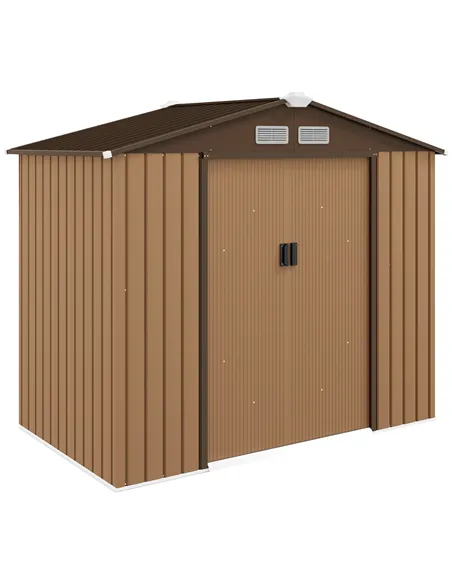 Outsunny 7 x 4ft Lockable Metal Garden Tool Storage Shed, Outdoor Storage Shed with Foundation and vents, Light Brown
