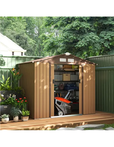 Outsunny 7 x 4ft Lockable Metal Garden Tool Storage Shed, Outdoor Storage Shed with Foundation and vents, Light Brown