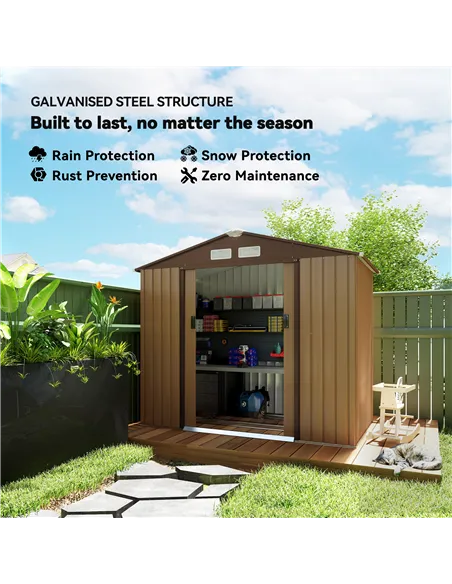 Outsunny 7 x 4ft Lockable Metal Garden Tool Storage Shed, Outdoor Storage Shed with Foundation and vents, Light Brown