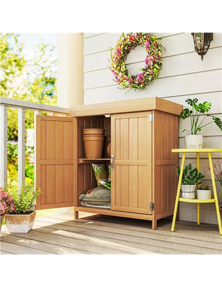 Outsunny Small Shed, Wooden Garden Shed with Openable Hinged Roof and Removable Shelf, Outdoor Tool Storage Cabinet Chest with D