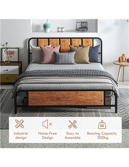 HOMCOM 5.2ft King Bed Frame with Industrial Wood Headboard, Steel Slat Support and 31cm Underbed Storage Space, 160 x 207cm, Rus