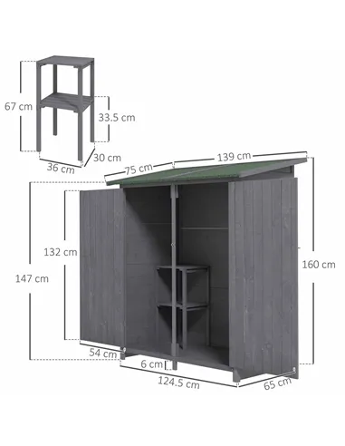 Outsunny 139 x 75 Fir Wood Garden Shed, with Asphalt Roof - Grey