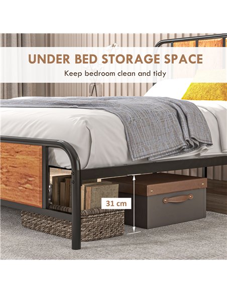 HOMCOM 5.2ft King Bed Frame with Industrial Wood Headboard, Steel Slat Support and 31cm Underbed Storage Space, 160 x 207cm, Rus