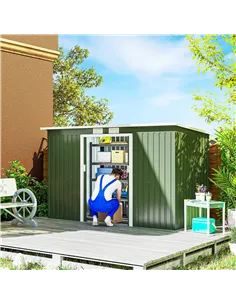 Outsunny 9ft x 4ft Metal Garden Shed, Outdoor Tool House with Foundation Kit, Ventilations and Double Doors, Light Green 2