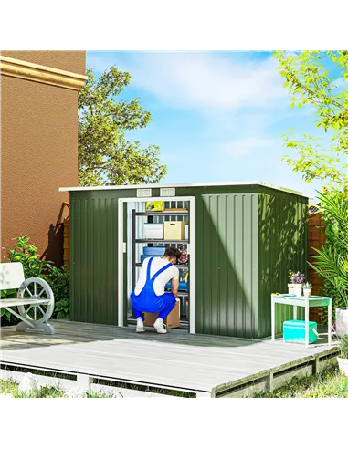Outsunny 9ft x 4ft Metal Garden Shed, Outdoor Tool House with Foundation Kit, Ventilations and Double Doors, Light Green