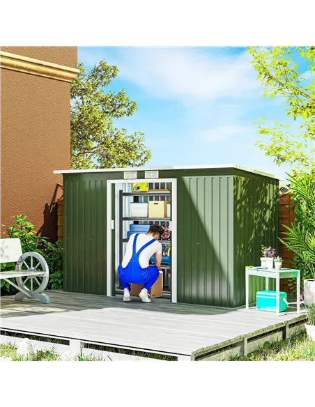 Outsunny 9ft x 4ft Metal Garden Shed, Outdoor Tool House with Foundation Kit, Ventilations and Double Doors, Light Green