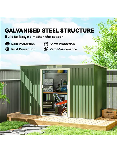 Outsunny 9ft x 4ft Metal Garden Shed, Outdoor Tool House with Foundation Kit, Ventilations and Double Doors, Light Green