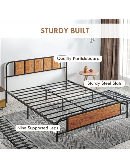 HOMCOM 5.2ft King Bed Frame with Industrial Wood Headboard, Steel Slat Support and 31cm Underbed Storage Space, 160 x 207cm, Rus