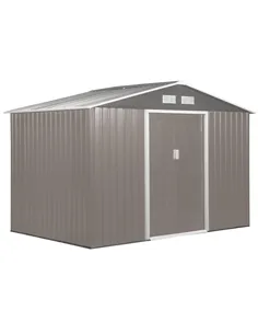 Outsunny 9 x 6FT Outdoor Garden Roofed Metal Storage Shed Tool Box with Foundation Ventilation & Doors Light, Grey