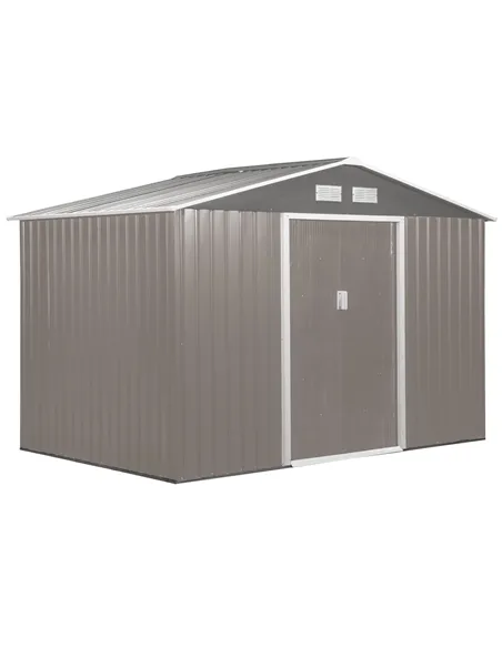 Outsunny 9 x 6FT Outdoor Garden Roofed Metal Storage Shed Tool Box with Foundation Ventilation & Doors Light, Grey