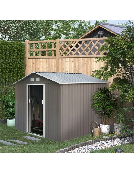 Outsunny 9 x 6FT Outdoor Garden Roofed Metal Storage Shed Tool Box with Foundation Ventilation & Doors Light, Grey