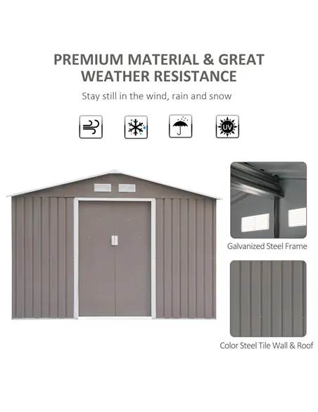 Outsunny 9 x 6FT Outdoor Garden Roofed Metal Storage Shed Tool Box with Foundation Ventilation & Doors Light, Grey