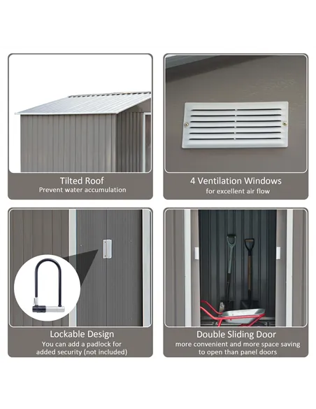 Outsunny 9 x 6FT Outdoor Garden Roofed Metal Storage Shed Tool Box with Foundation Ventilation & Doors Light, Grey