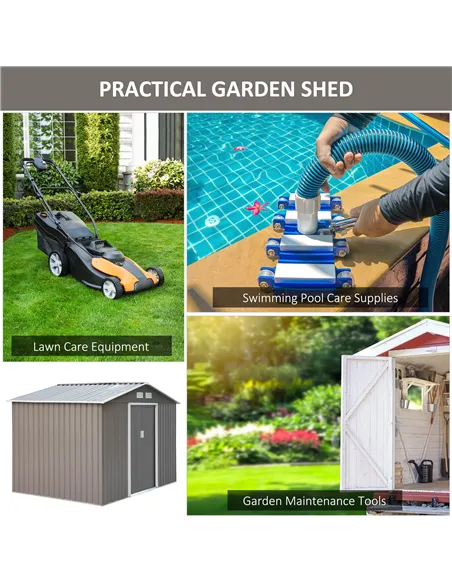 Outsunny 9 x 6FT Outdoor Garden Roofed Metal Storage Shed Tool Box with Foundation Ventilation & Doors Light, Grey