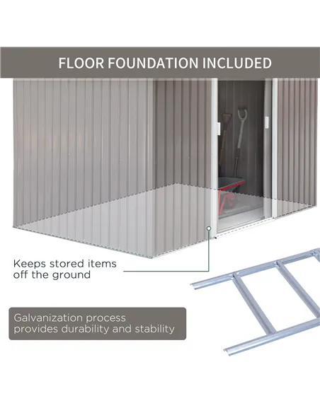 Outsunny 9 x 6FT Outdoor Garden Roofed Metal Storage Shed Tool Box with Foundation Ventilation & Doors Light, Grey