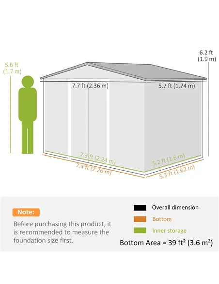 Outsunny 7.7 x 5.7ft Metal Garden Shed with Ventilation Slots and Sliding Doors, Galvanised Outdoor Tool Storage House, Green