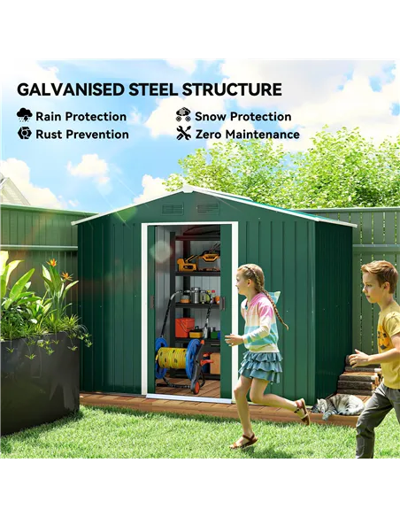 Outsunny 7.7 x 5.7ft Metal Garden Shed with Ventilation Slots and Sliding Doors, Galvanised Outdoor Tool Storage House, Green