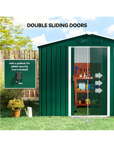 Outsunny 7.7 x 5.7ft Metal Garden Shed with Ventilation Slots and Sliding Doors, Galvanised Outdoor Tool Storage House, Green