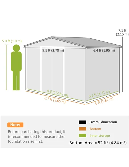 Outsunny 9 x 6ft Metal Garden Shed, House Hut Gardening Tool Storage with Ventilations, Sliding Door, Sloped Roof for Garden, Pa
