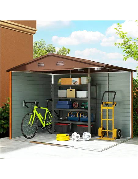Outsunny 9 x 6ft Metal Garden Shed, House Hut Gardening Tool Storage with Ventilations, Sliding Door, Sloped Roof for Garden, Pa