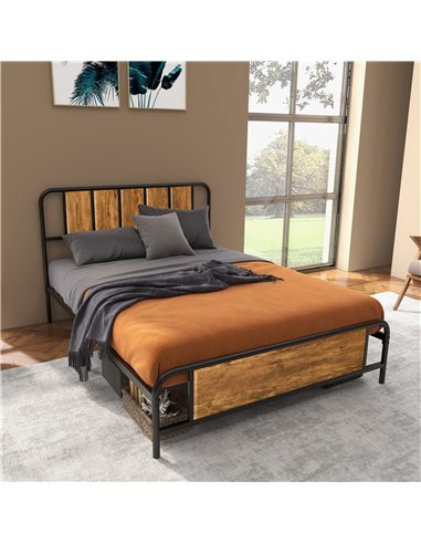 HOMCOM 4.8ft Double Bed Frame with Industrial Wood Headboard, Steel Slat Support and 25.5cm Underbed Storage Space, 145 x 199cm,