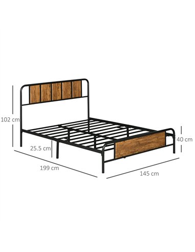 HOMCOM 4.8ft Double Bed Frame with Industrial Wood Headboard, Steel Slat Support and 25.5cm Underbed Storage Space, 145 x 199cm,
