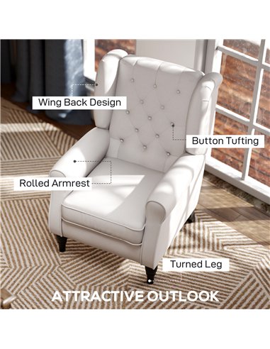 HOMCOM Wingback Accent Chair, Retro Upholstered Button Tufted Occasional Chair for Living Room and Bedroom, Cream White