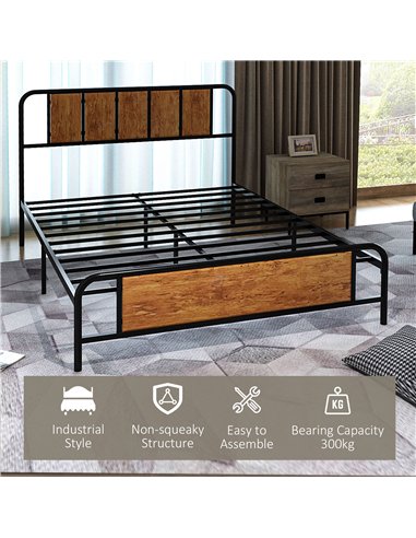 HOMCOM 4.8ft Double Bed Frame with Industrial Wood Headboard, Steel Slat Support and 25.5cm Underbed Storage Space, 145 x 199cm,