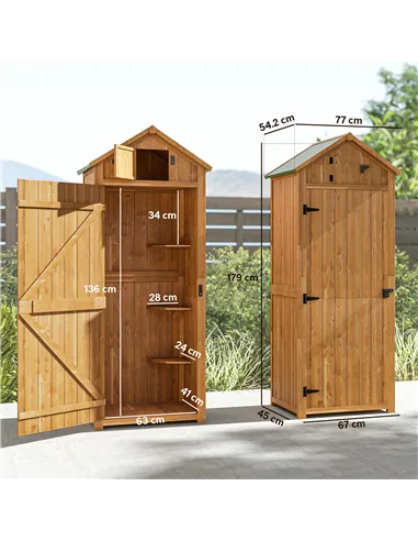 Outsunny Garden Shed Vertical Utility 3 Shelves Shed Wood Outdoor Garden Tool Storage Unit Storage Cabinet, 77 x 54.2 x 179cm - 