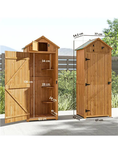 Outsunny Garden Shed Vertical Utility 3 Shelves Shed Wood Outdoor Garden Tool Storage Unit Storage Cabinet, 77 x 54.2 x 179cm - 