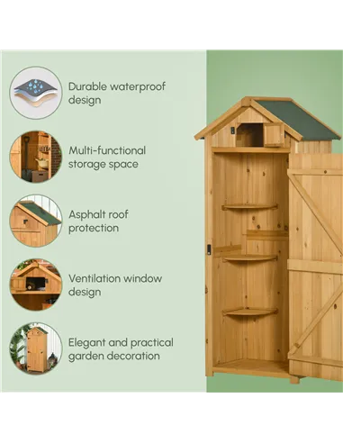 Outsunny Garden Shed Vertical Utility 3 Shelves Shed Wood Outdoor Garden Tool Storage Unit Storage Cabinet, 77 x 54.2 x 179cm - 