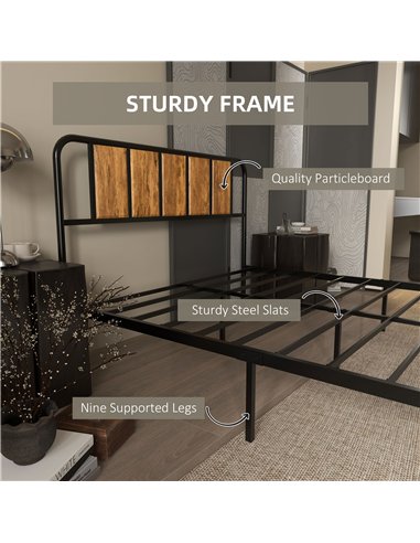 HOMCOM 4.8ft Double Bed Frame with Industrial Wood Headboard, Steel Slat Support and 25.5cm Underbed Storage Space, 145 x 199cm,
