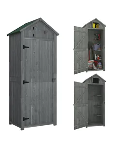 Outsunny Wooden Garden Shed, Utility Outdoor Small Shed with Lockable Double Doors, Shelves and Roof Hatch, Grey