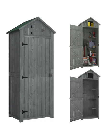 Outsunny Wooden Garden Shed, Utility Outdoor Small Shed with Lockable Double Doors, Shelves and Roof Hatch, Grey