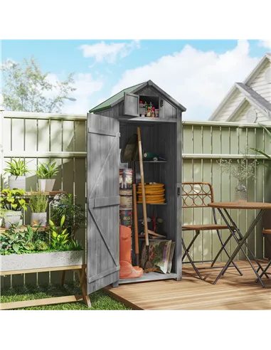 Outsunny Wooden Garden Shed, Utility Outdoor Small Shed with Lockable Double Doors, Shelves and Roof Hatch, Grey
