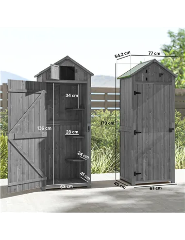 Outsunny Wooden Garden Shed, Utility Outdoor Small Shed with Lockable Double Doors, Shelves and Roof Hatch, Grey