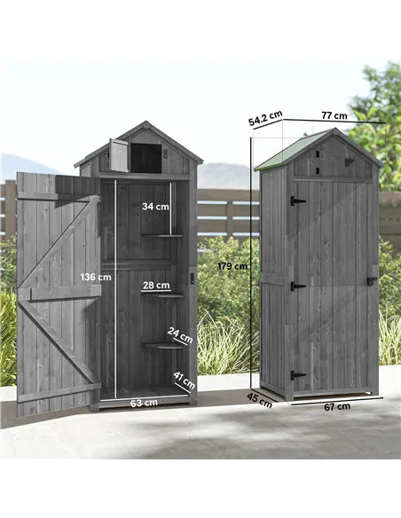 Outsunny Wooden Garden Shed, Utility Outdoor Small Shed with Lockable Double Doors, Shelves and Roof Hatch, Grey