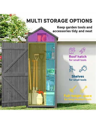Outsunny Wooden Garden Shed, Utility Outdoor Small Shed with Lockable Double Doors, Shelves and Roof Hatch, Grey