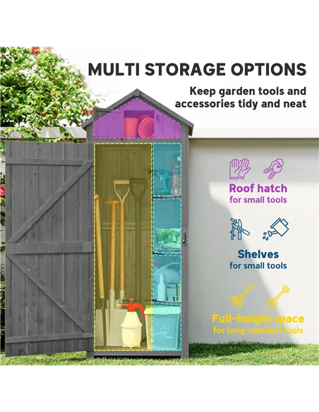 Outsunny Wooden Garden Shed, Utility Outdoor Small Shed with Lockable Double Doors, Shelves and Roof Hatch, Grey