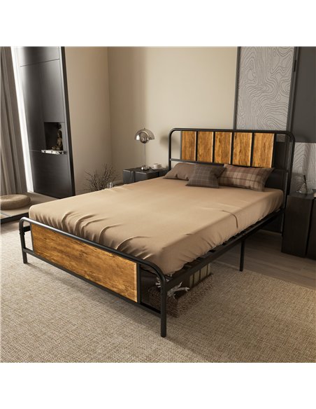 HOMCOM 4.8ft Double Bed Frame with Industrial Wood Headboard, Steel Slat Support and 25.5cm Underbed Storage Space, 145 x 199cm,