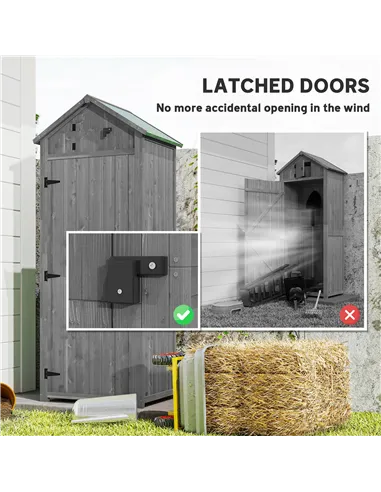 Outsunny Wooden Garden Shed, Utility Outdoor Small Shed with Lockable Double Doors, Shelves and Roof Hatch, Grey