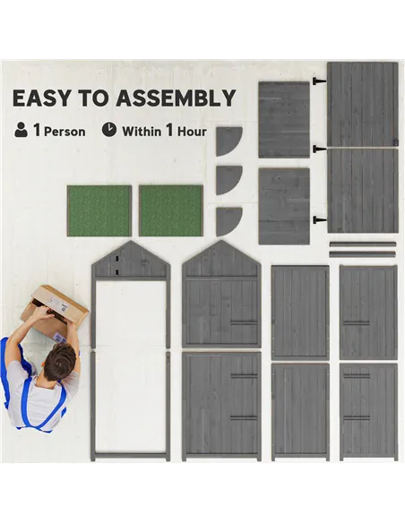 Outsunny Wooden Garden Shed, Utility Outdoor Small Shed with Lockable Double Doors, Shelves and Roof Hatch, Grey